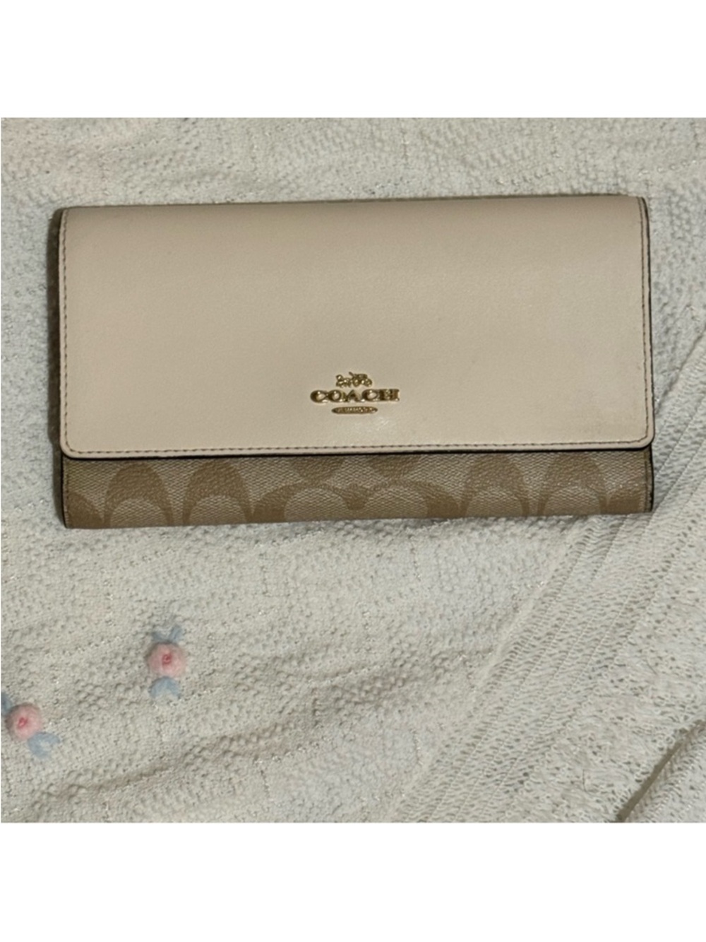 Coach Beige Leather Flap Wallet with Brown Signature Canvas